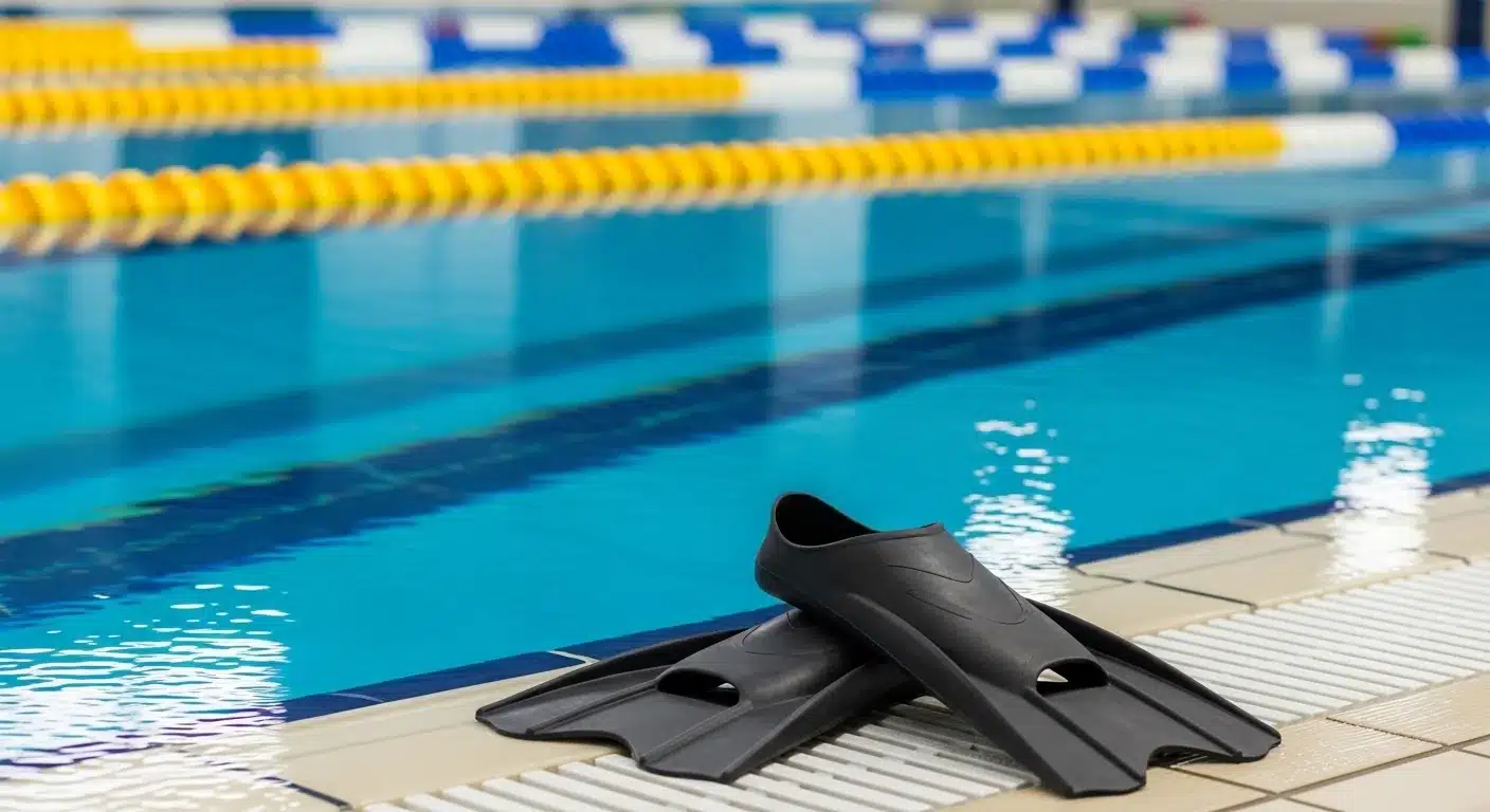 Paire de palmes courtes en silicone noir posée au bord d'un couloir de piscine intérieure