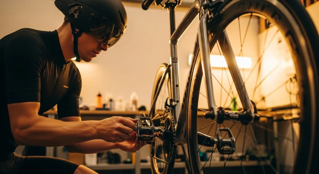 Triathlète en tenue de cyclisme installant des pédales capteur de puissance Assioma Favero sur son vélo de triathlon