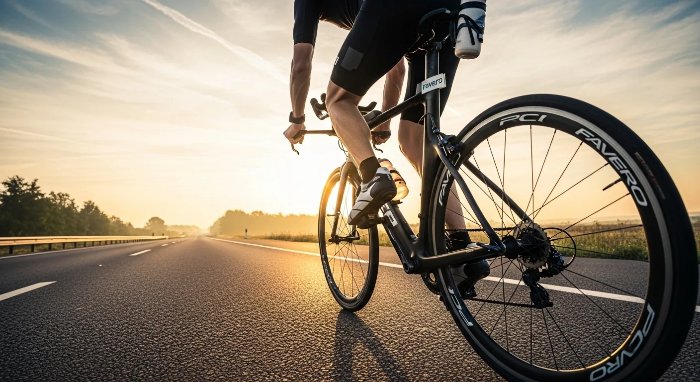 Triathlète sur vélo de triathlon en entraînement matinal avec pédales capteur de puissance visibles