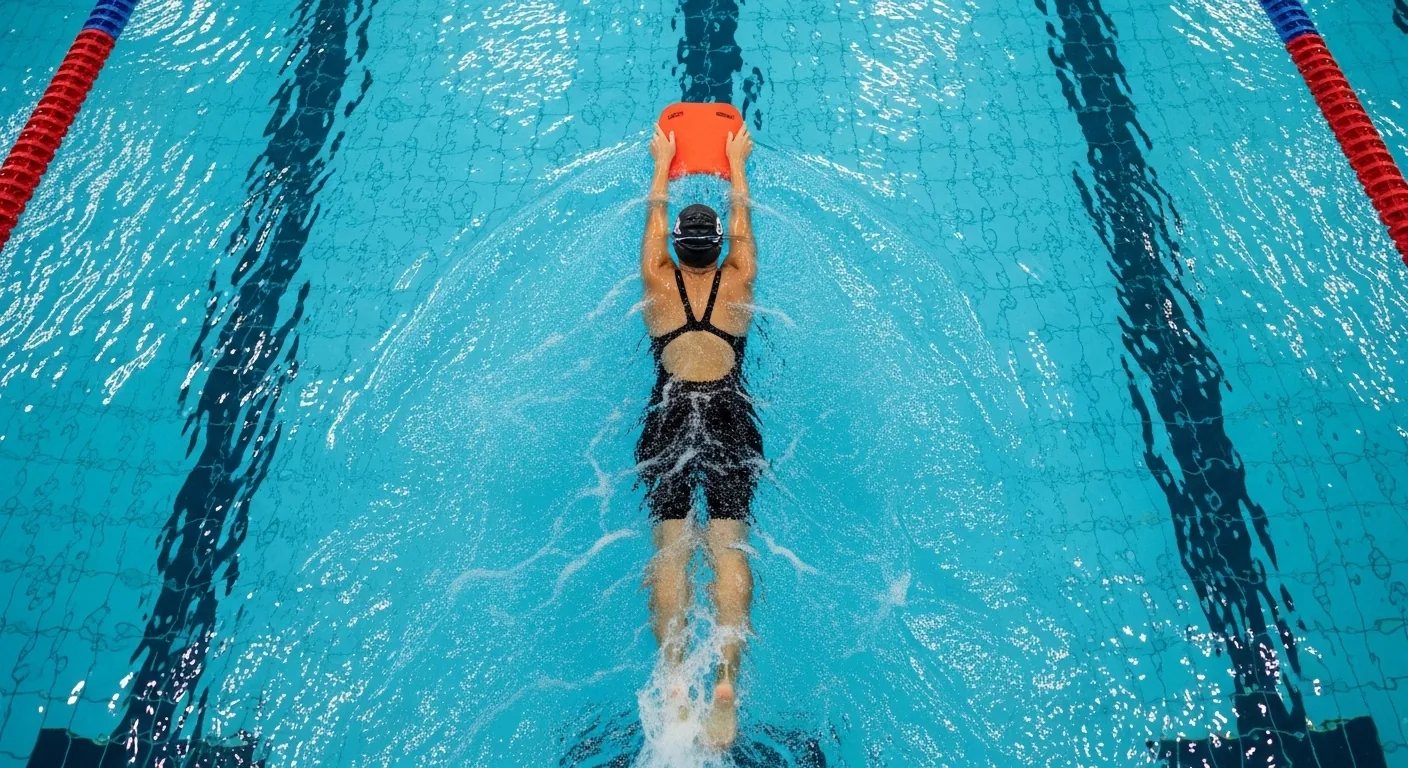 Nageuse réalisant un exercice de battements avec une planche de natation dans un couloir de piscine couverte