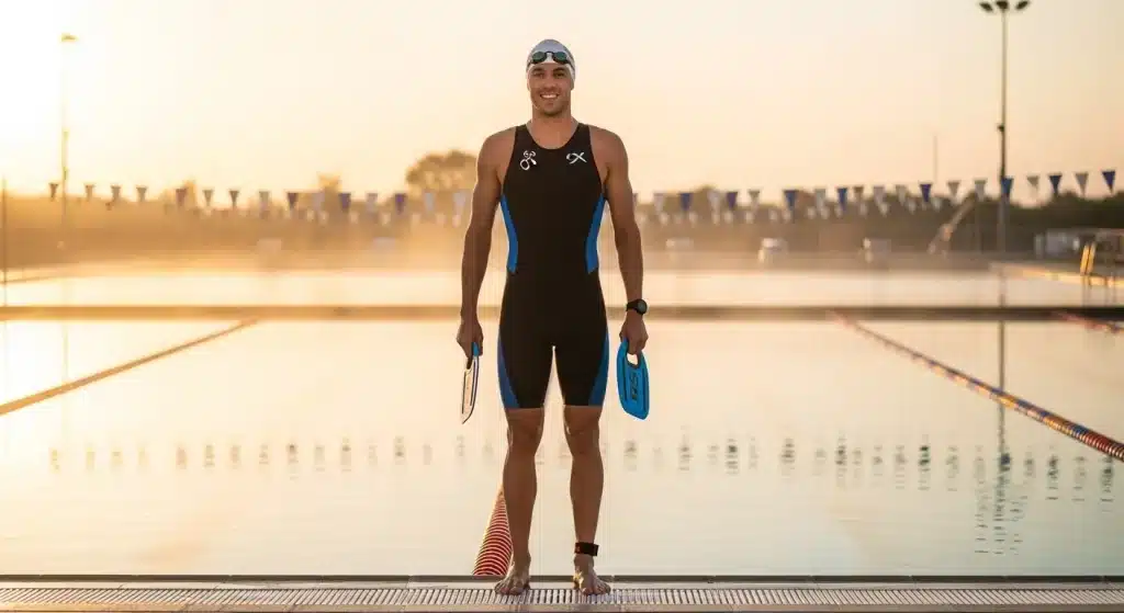 Triathlète debout au bord d'une piscine extérieure tenant des plaquettes de natation bleues au lever du soleil