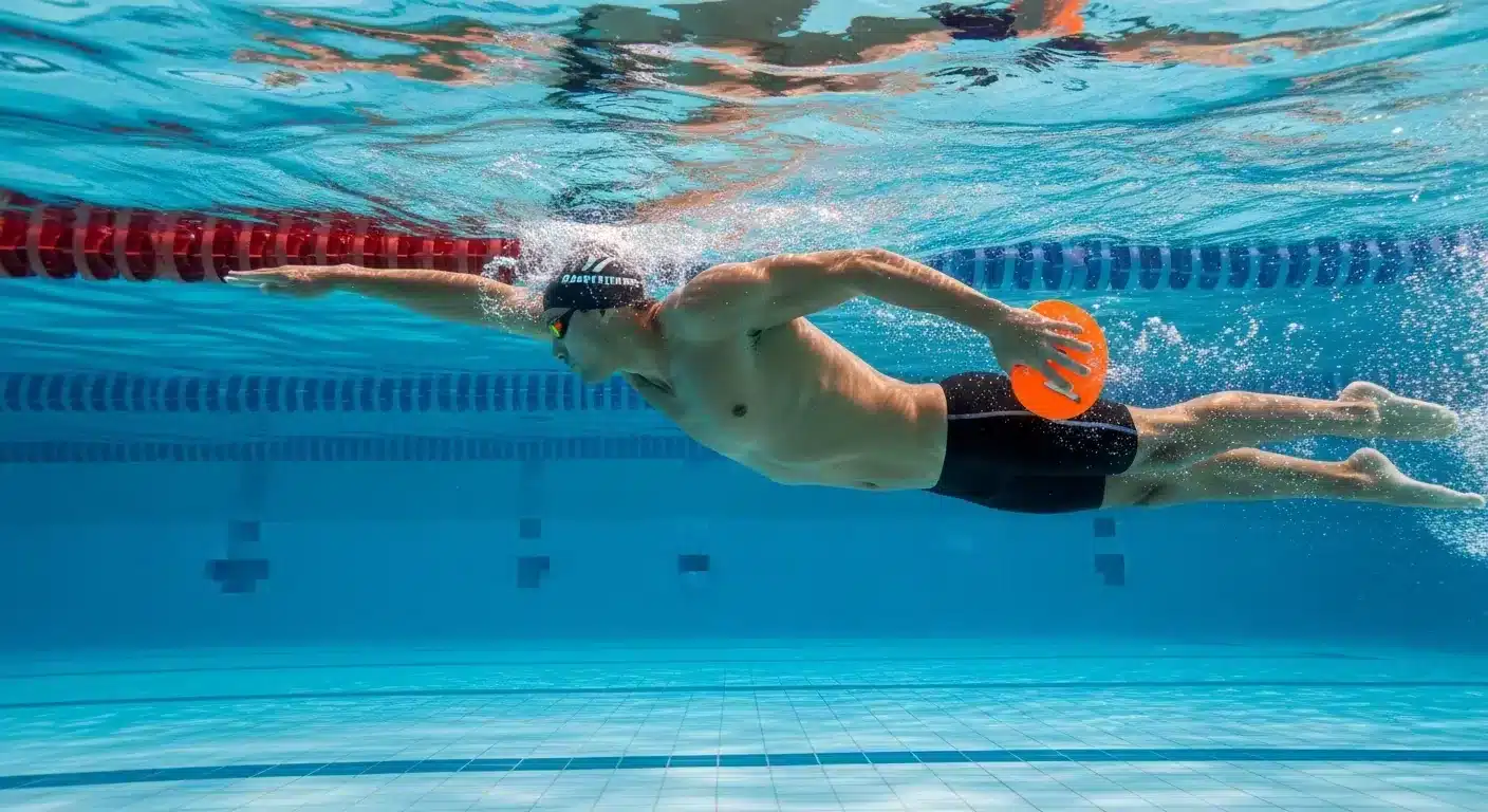 Nageur masculin réalisant un exercice un bras avec plaquette orange dans une piscine extérieure