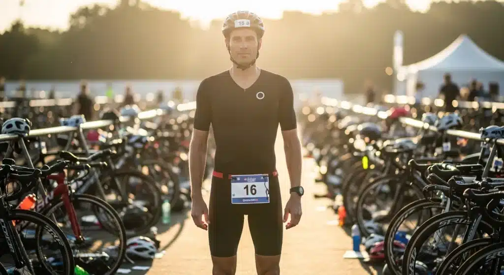 Triathlète en trifonction noire portant un porte-dossard élastique en zone de transition avec les vélos en arrière-plan