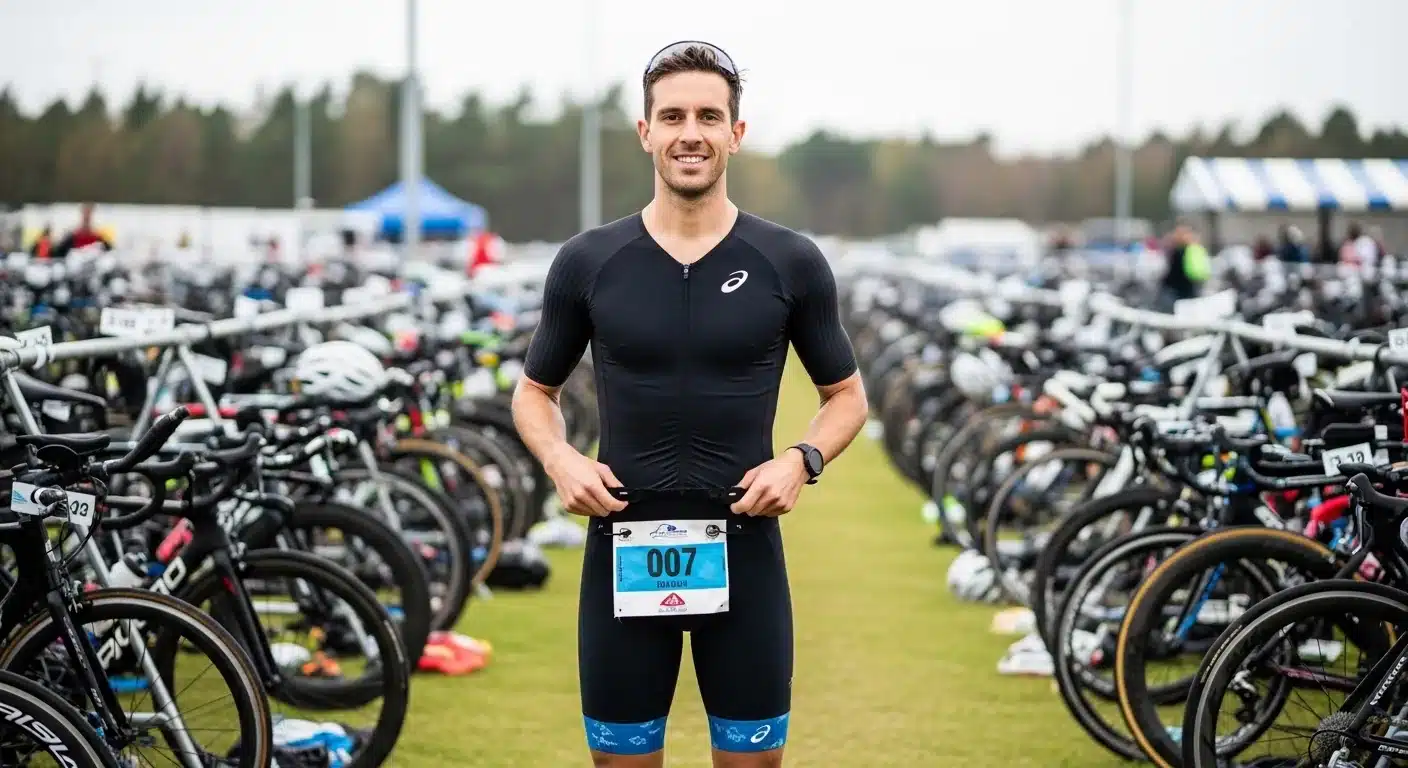 Triathlète en trifonction noire portant une ceinture porte-dossard élastique en zone de transition