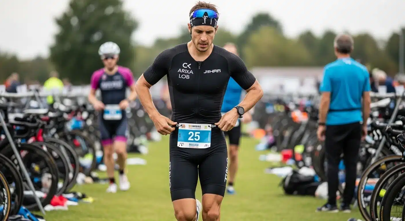 Triathlète faisant pivoter son dossard de derrière vers devant sur sa ceinture en courant en transition