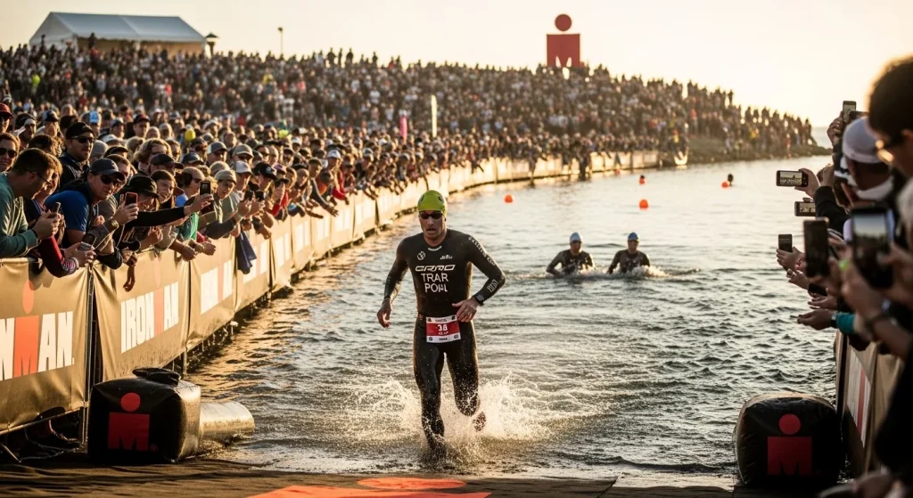 Triathlète sortant de l'eau lors d'un Ironman avec les spectateurs sur la plage au lever du soleil