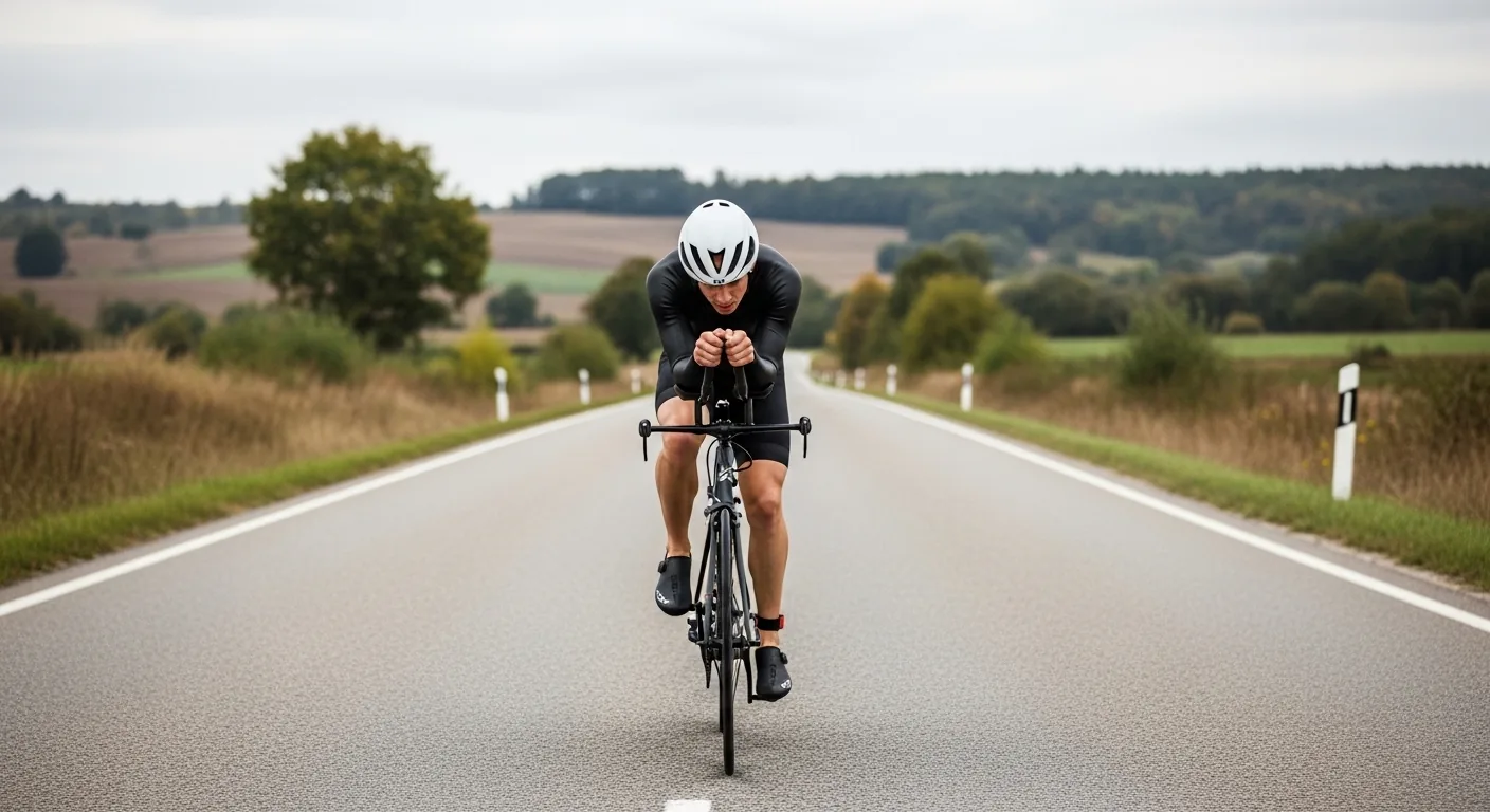 Triathlète débutant en combinaison d'entrée de gamme sur un vélo de route avec prolongateurs sur route fermée