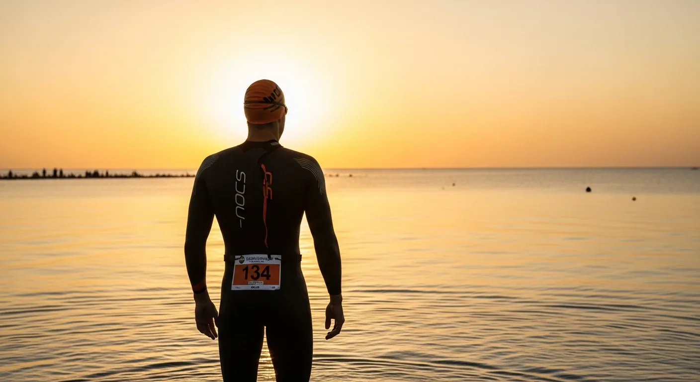 Triathlète en combinaison noire au départ d'un Ironman face à l'eau au lever du soleil avec des milliers d'athlètes
