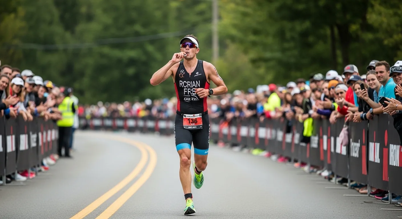 Triathlète en train de consommer un gel énergétique pendant la portion course d'un Ironman sur route fermée
