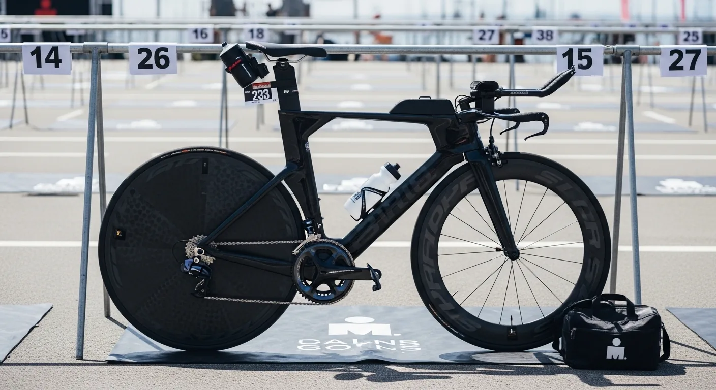 Vélo de triathlon carbone aérodynamique posé sur un rack de transition lors d'un Ironman en plein jour
