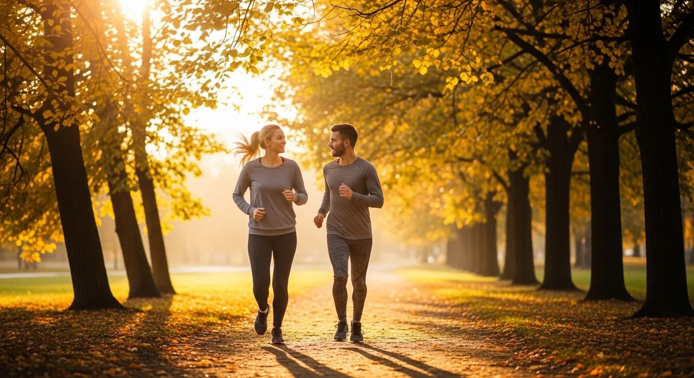 Deux coureurs débutants qui courent et discutent tranquillement sur un chemin de parc en automne à allure conversationnelle
