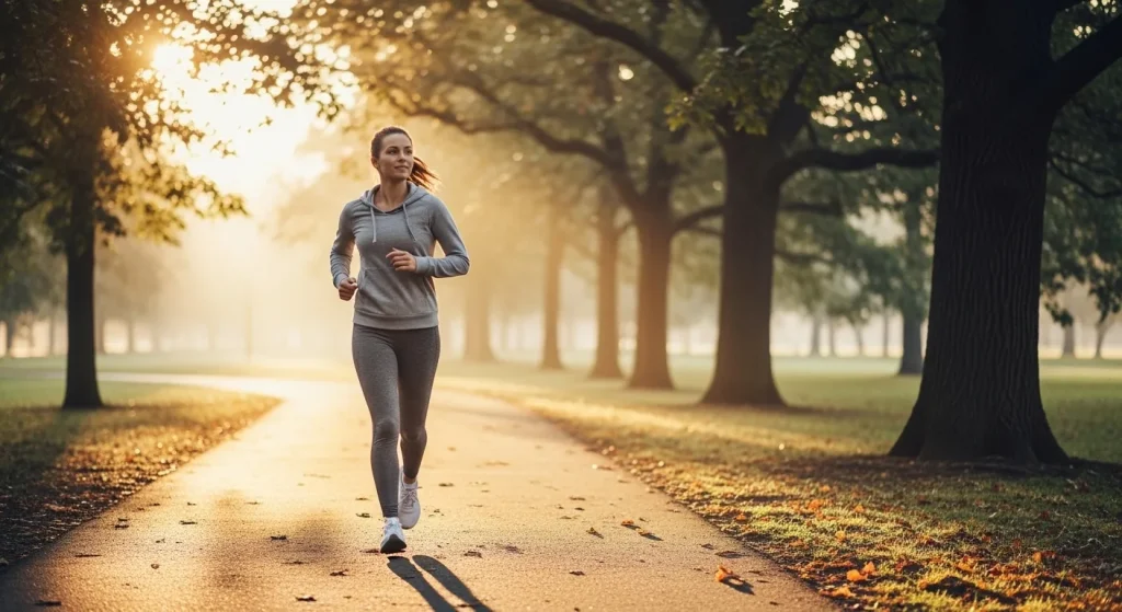 Femme débutante en course à pied qui fait son footing matinal dans un parc au lever du soleil, allure légère et détendue