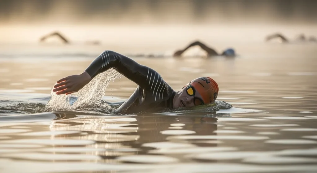 Triathlète en combinaison néoprène nageant en crawl en eau libre, moment de la respiration latérale