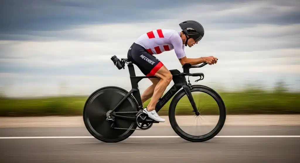 Triathlète en position aérodynamique sur un vélo contre-la-montre carbone haut de gamme