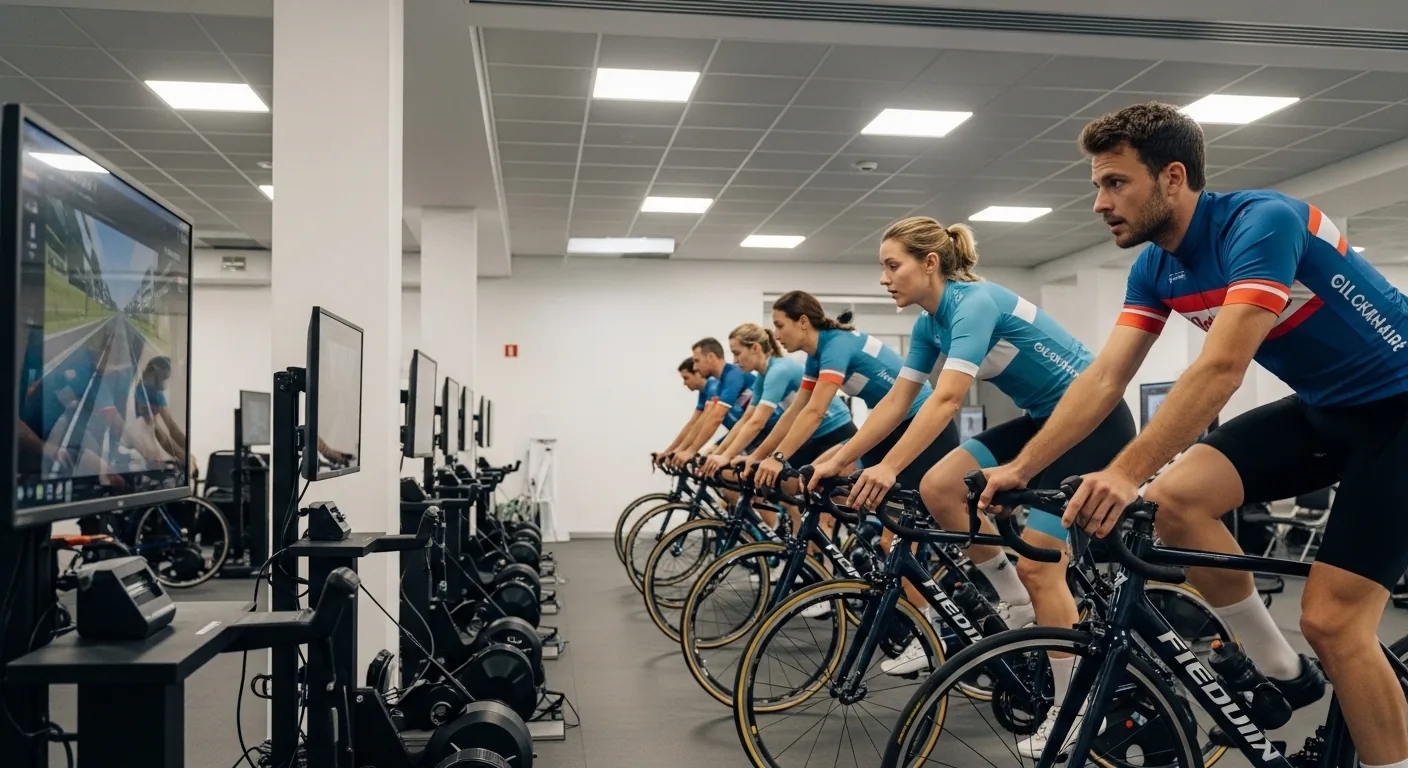 Groupe de cyclistes sur home trainers dans une salle d'entraînement avec application de cyclisme virtuel