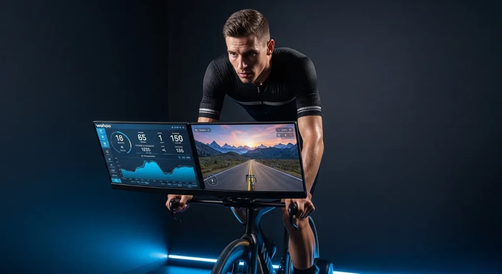 Triathlète sur home trainer smart trainer avec données TrainingPeaks Virtual affichées sur écran en pain cave