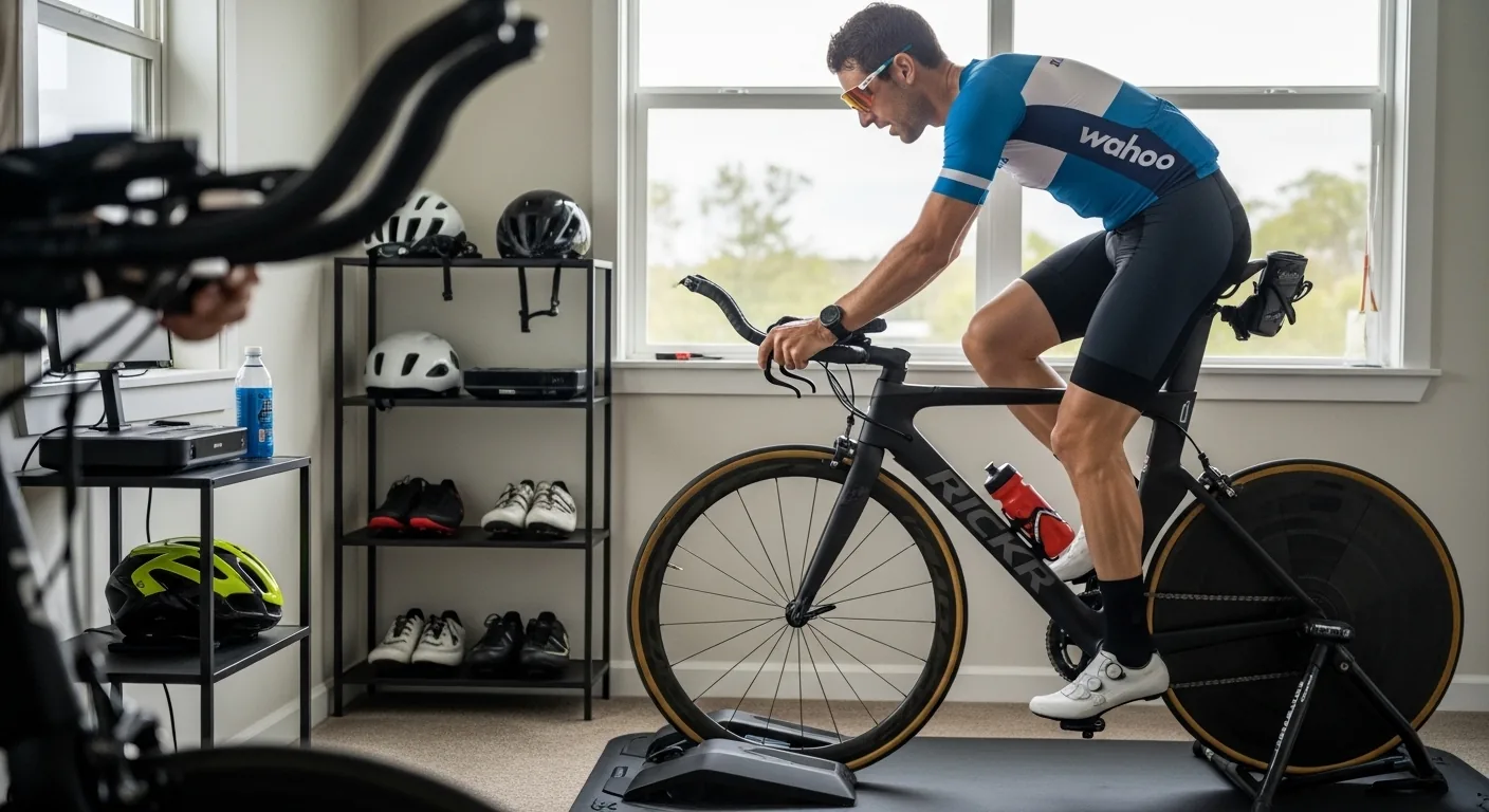 Triathlète réglant son home trainer smart trainer Wahoo dans son espace d'entraînement à domicile