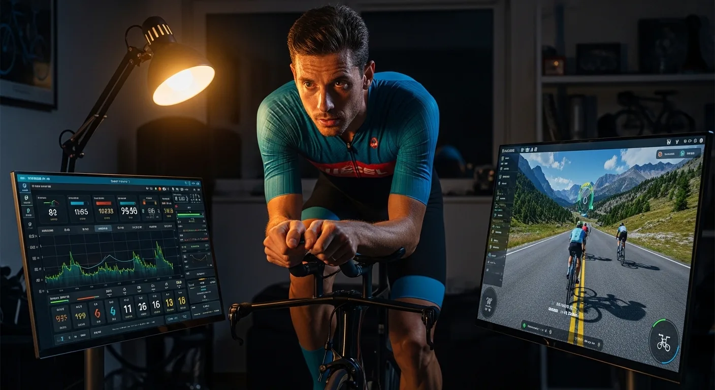 Triathlète sur home trainer dans son pain cave avec données d'entraînement affichées à l'écran