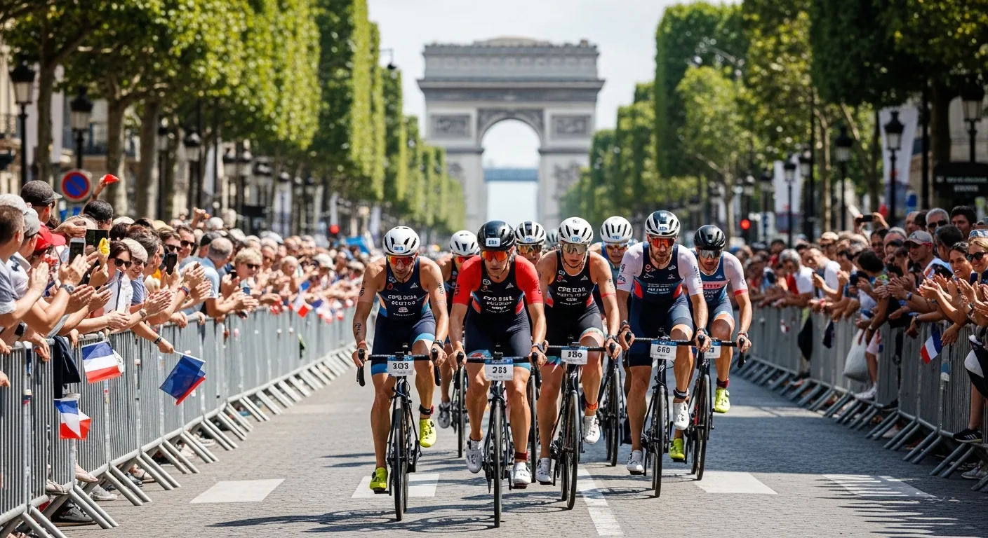 Groupe de triathlètes à vélo sur les Champs-Élysées lors d'une course triathlon à Paris en été