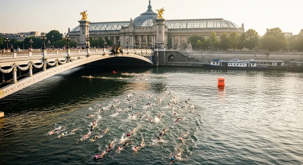 Triathlètes nageant dans la Seine à Paris avec le pont Alexandre III et le Grand Palais en arrière-plan