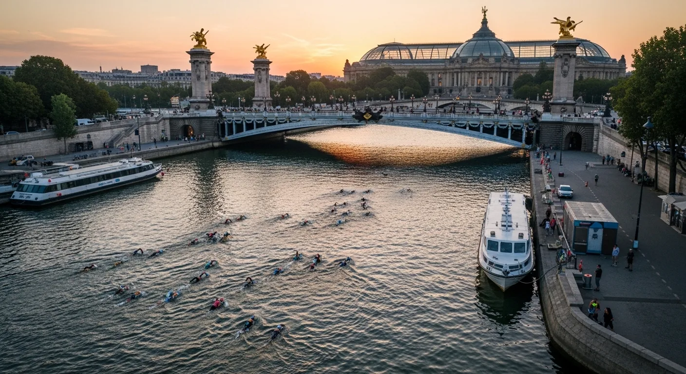 Vue aérienne de triathlètes nageant dans la Seine à Paris avec le pont Alexandre III au lever du soleil