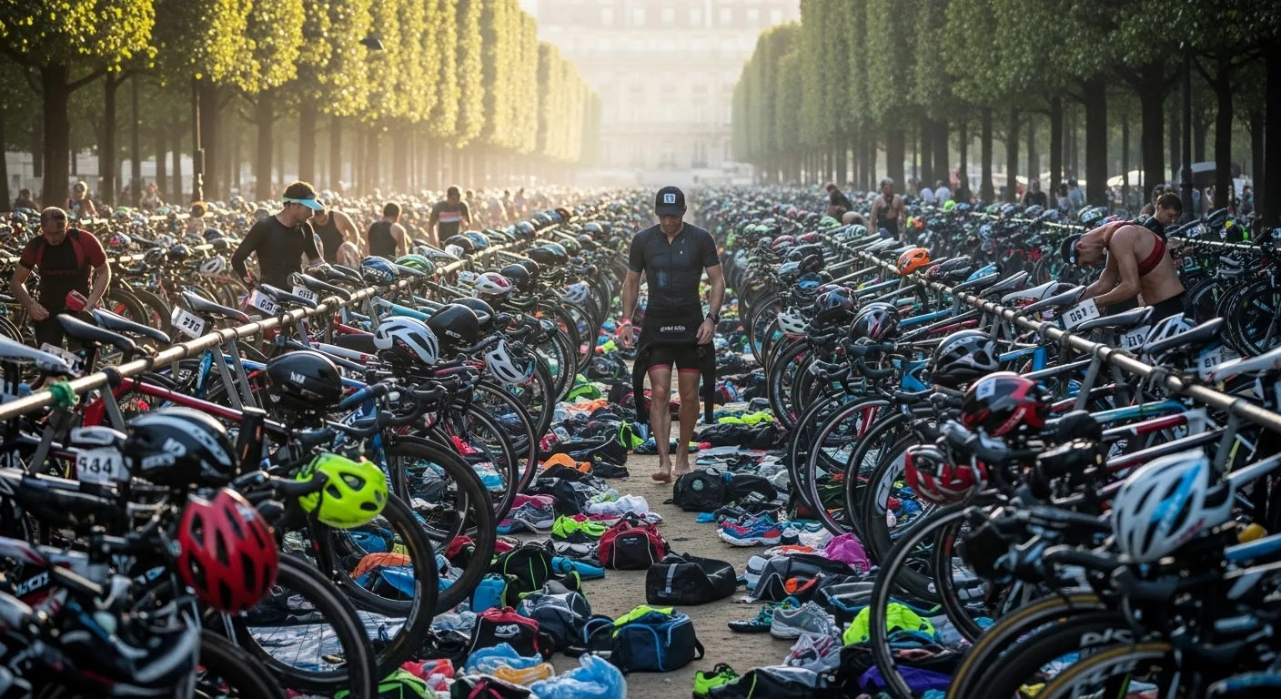 Zone de transition dense d'un triathlon urbain parisien avec des centaines de vélos alignés le matin de la course