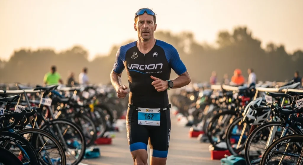 Triathlète masculin en trifonction noire et bleue courant en zone de transition lors d'une course