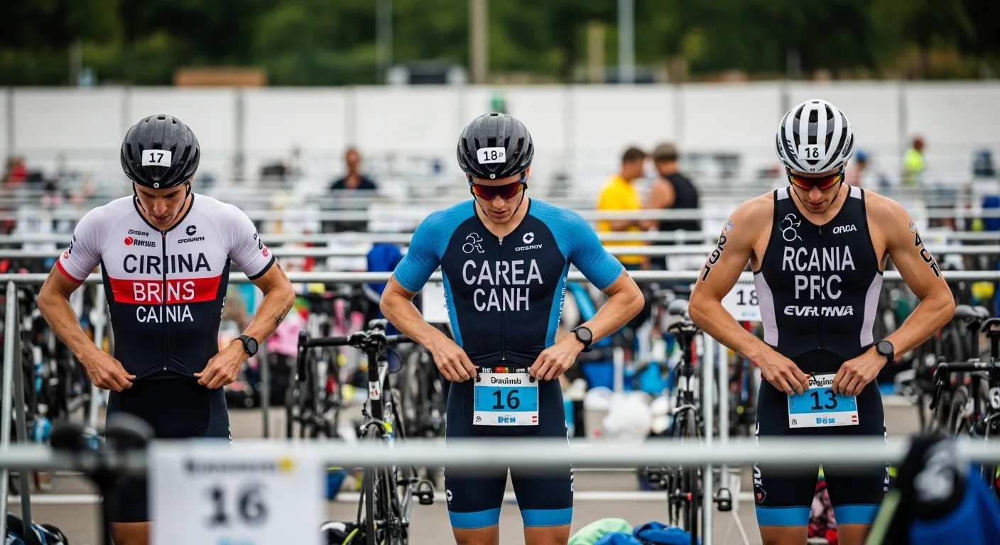 Trois triathlètes en zone de transition ajustant leurs tenues de triathlon pendant une course