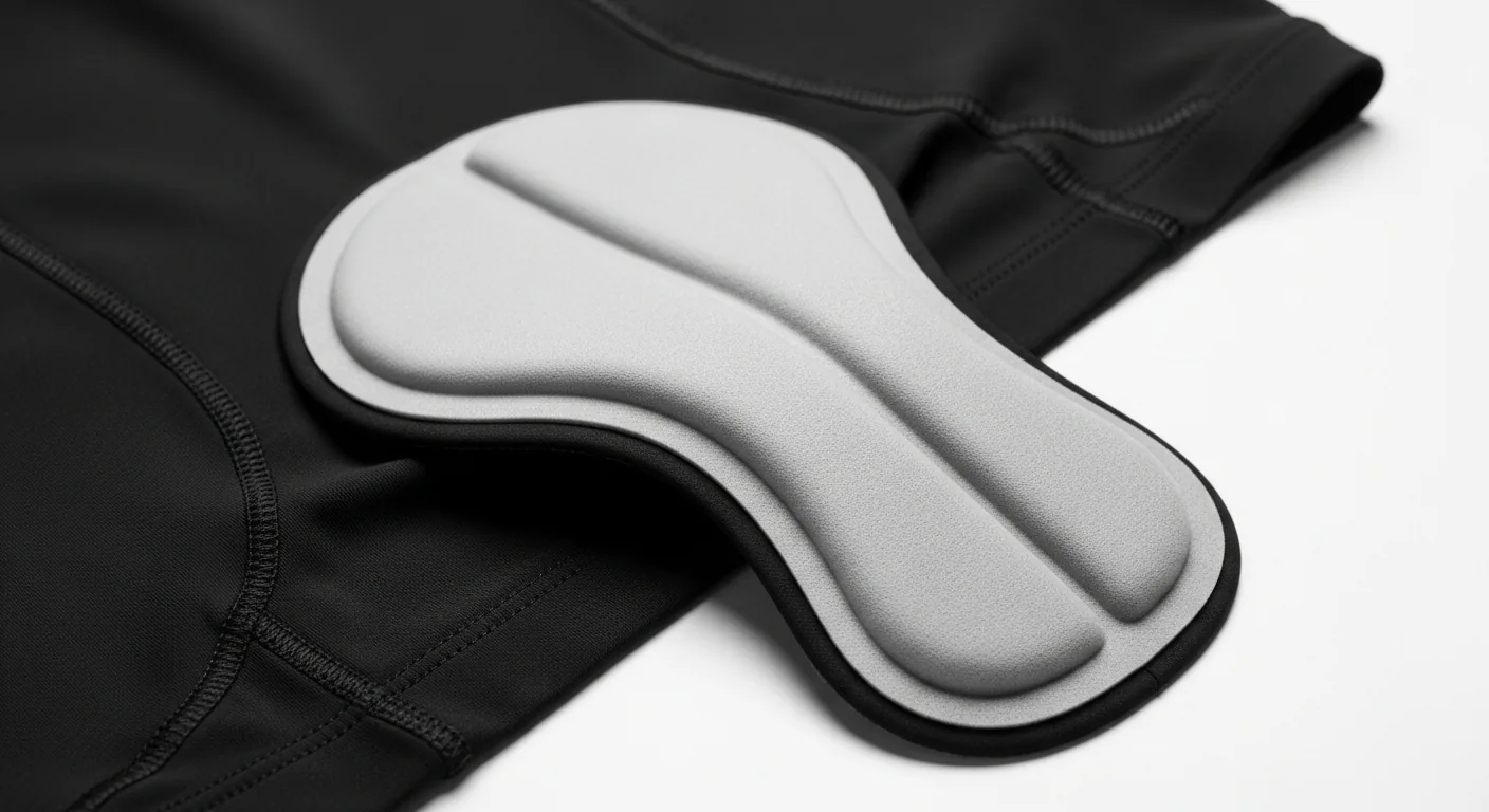 Détail du chamois intégré d’une trifonction de triathlon noir posée à plat