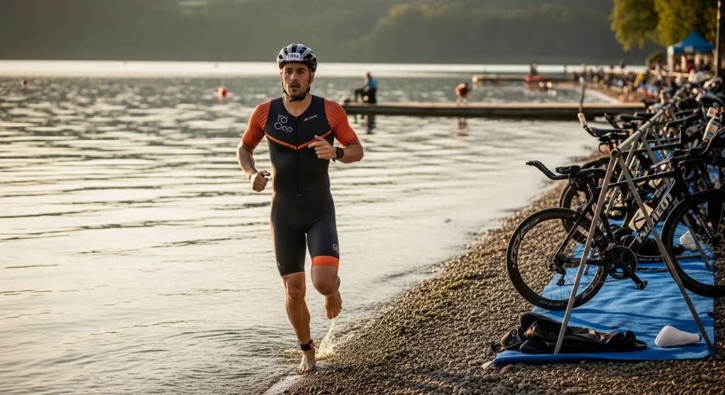 Triathlète en trifonction noire et orange courant vers la zone de transition au bord d’un lac au lever du soleil