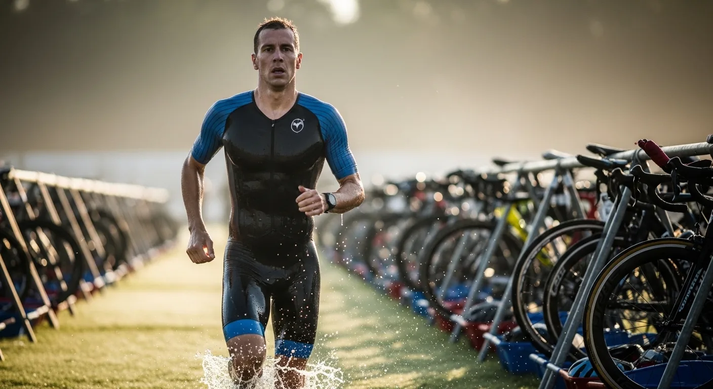 Triathlète en trifonction sortant de l’eau vers la zone de transition par un matin ensoleillé