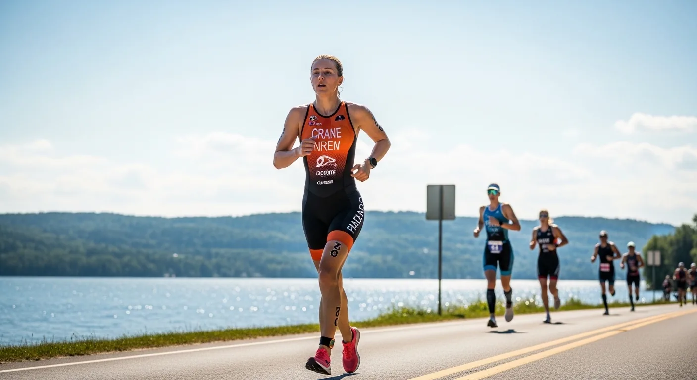 Triathlète féminine en trifonction orange courant sur un parcours route longeant un lac lors d’une compétition