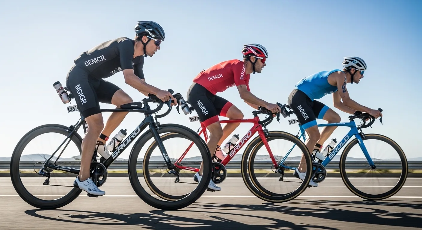 Trois triathlètes en trifonctions de différentes marques lors d’une compétition cycliste sur route