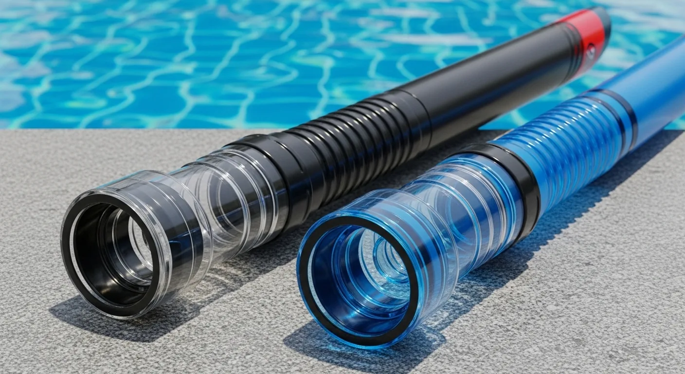 Deux tubas frontaux de natation posés sur le bord d'une piscine montrant le détail de la valve de purge