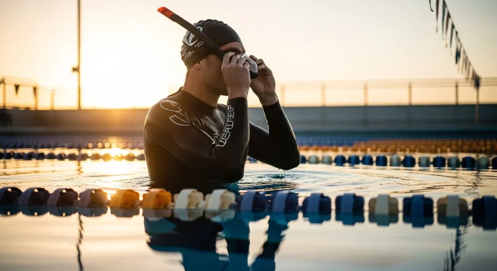 Triathlète ajustant son tuba frontal de natation au bord d'une piscine au lever du soleil avant l'entraînement