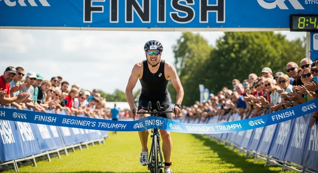 Triathlète débutant franchissant la ligne d'arrivée d'un triathlon sur vélo de route avec prolongateurs