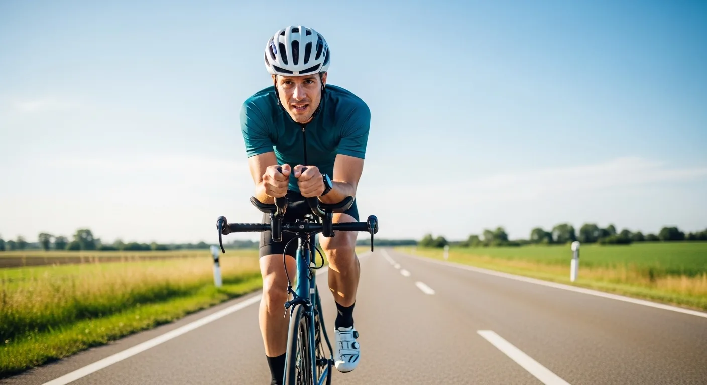 Triathlète débutant sur vélo de route avec prolongateurs aéro