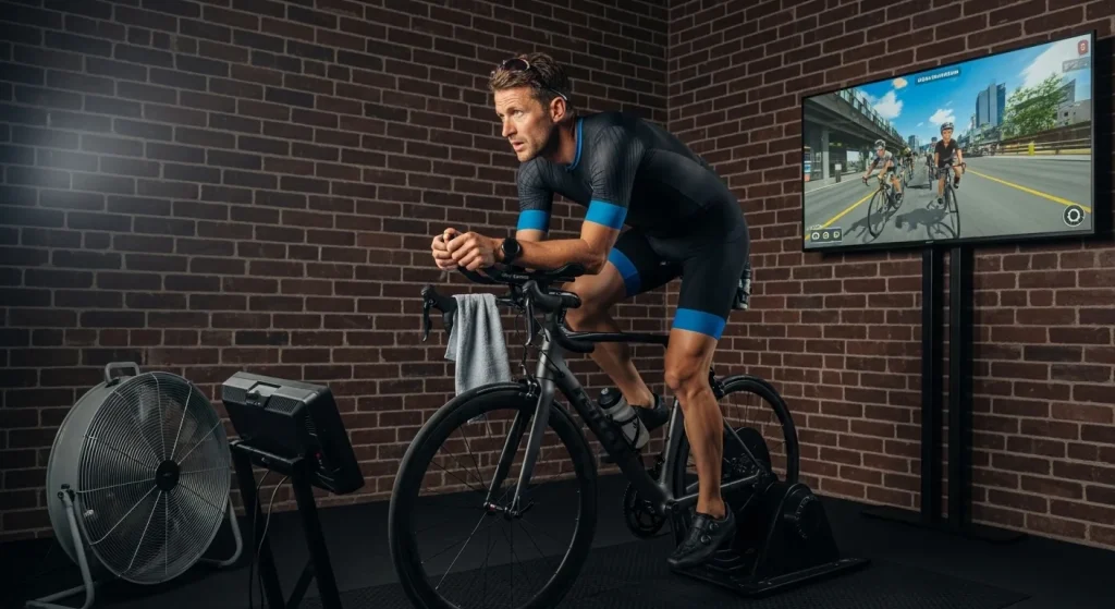Triathlète en séance sur home trainer connecté dans une salle d'entraînement avec Zwift sur grand écran
