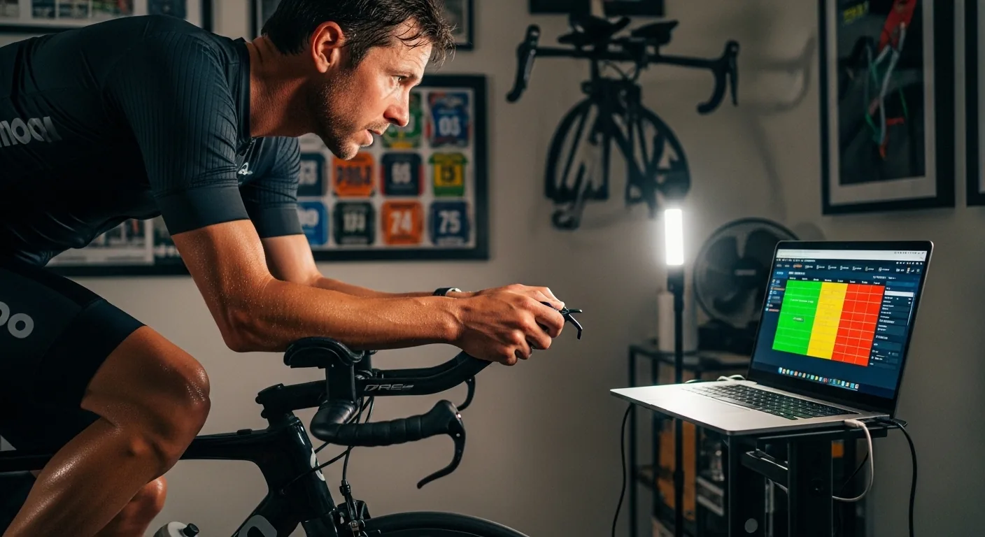 Triathlète en séance d'intervalles sur home trainer, focus sur l'écran montrant les zones de puissance FTP d'une séance Zwift