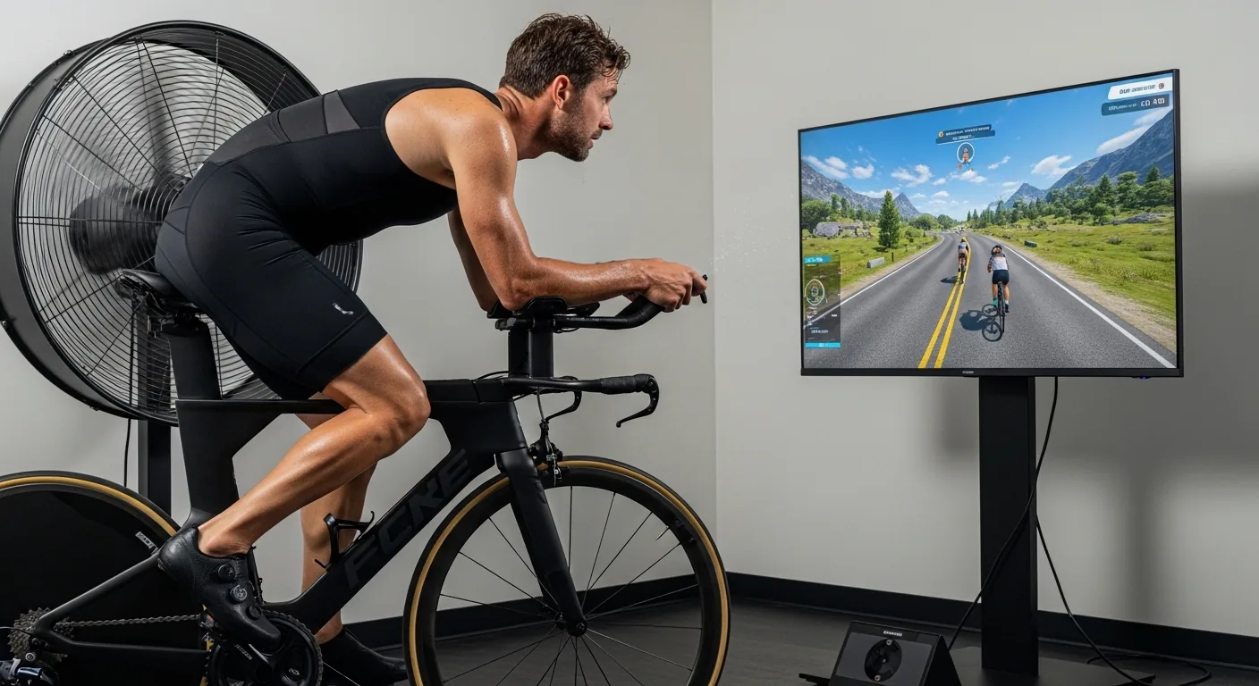 Triathlète pédalant sur un home trainer connecté avec Zwift affiché sur grand écran dans un garage aménagé