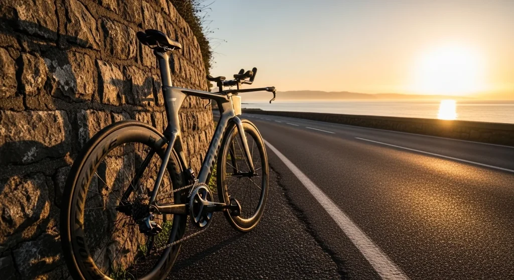 Vélo de triathlon carbone appuyé contre un mur en pierre sur une route côtière au lever du soleil
