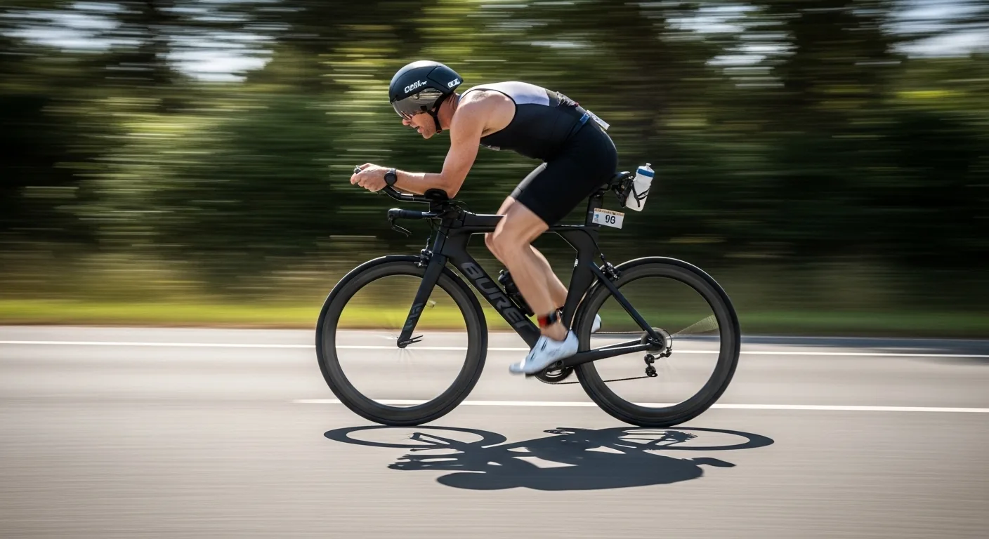 Triathlète en position aéro sur vélo triathlon carbone à grande vitesse sur route fermée