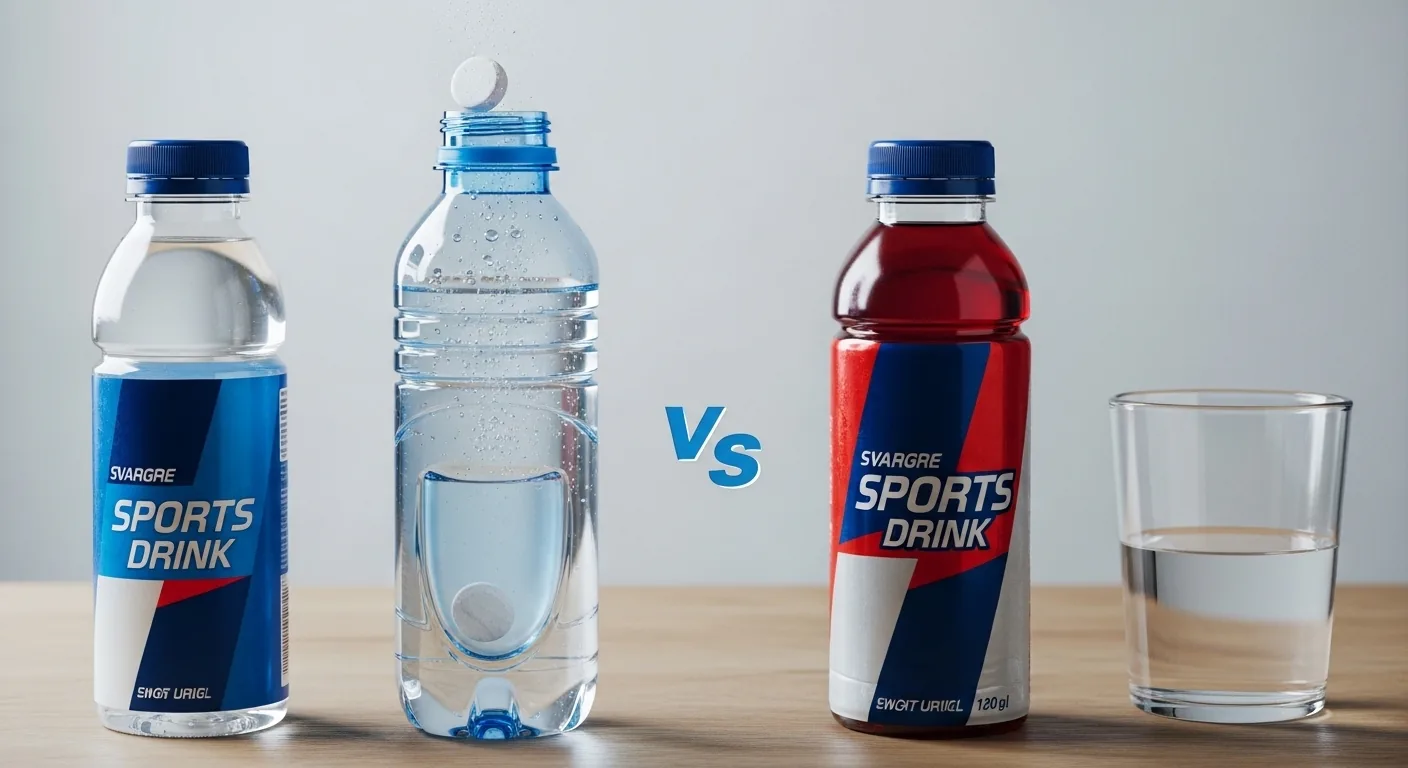Comparaison de deux bidons de sport sur une table — un avec pastille électrolyte et un avec boisson isotonique colorée