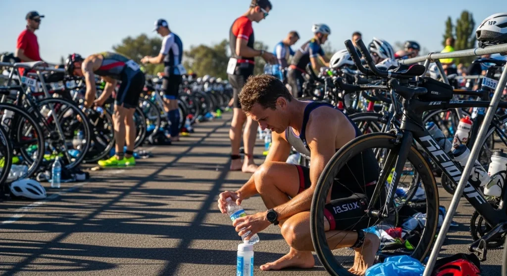 Triathlète en zone de transition remplissant son bidon de vélo avant le départ segment cyclisme par beau temps