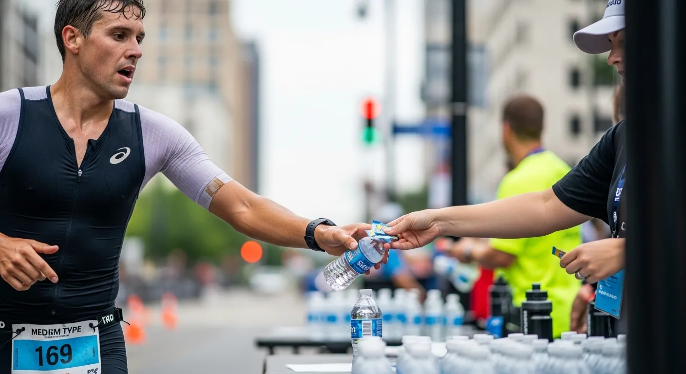 Triathlète à la course saisissant eau et gel énergétique à un ravitaillement avec bénévole pendant une course