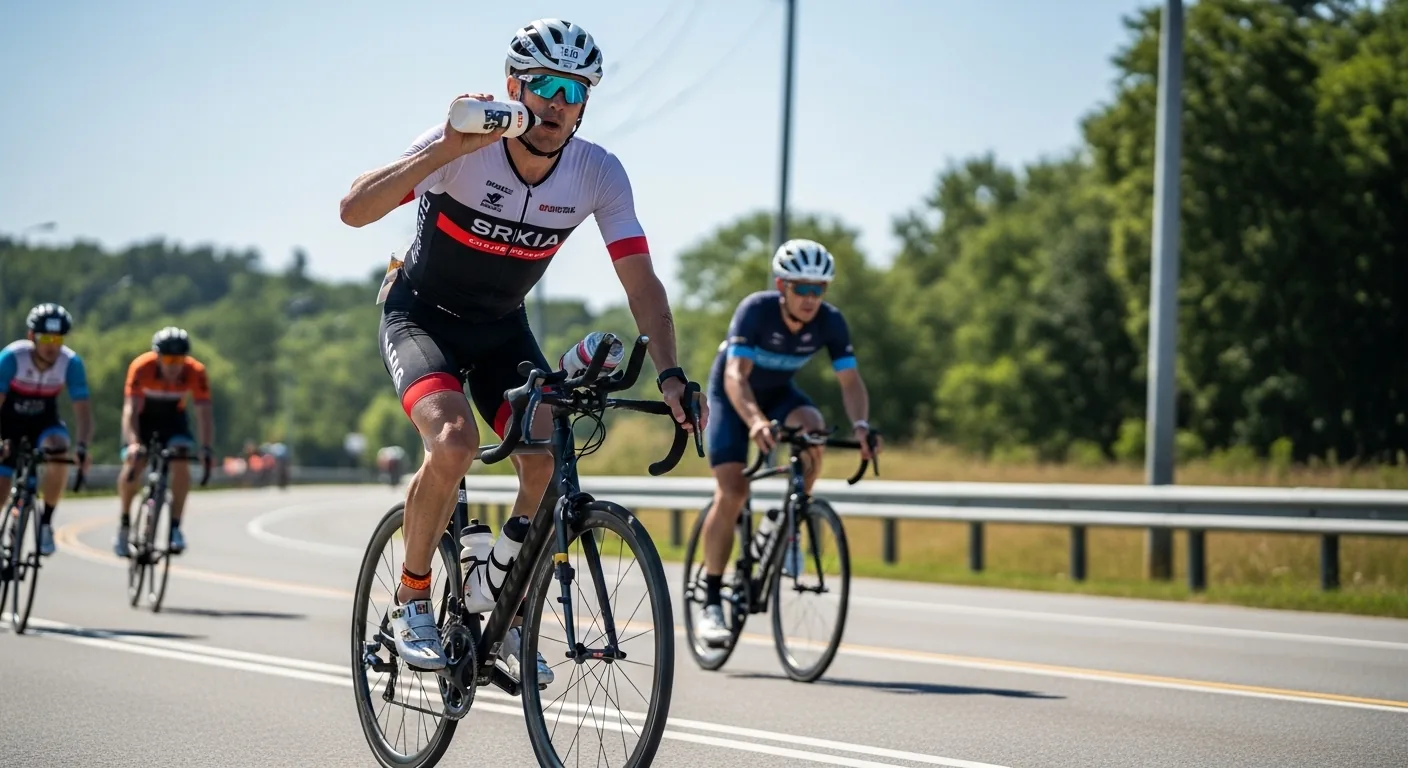 Triathlète buvant à son bidon pendant la partie vélo d'un triathlon en plein soleil avec d'autres cyclistes