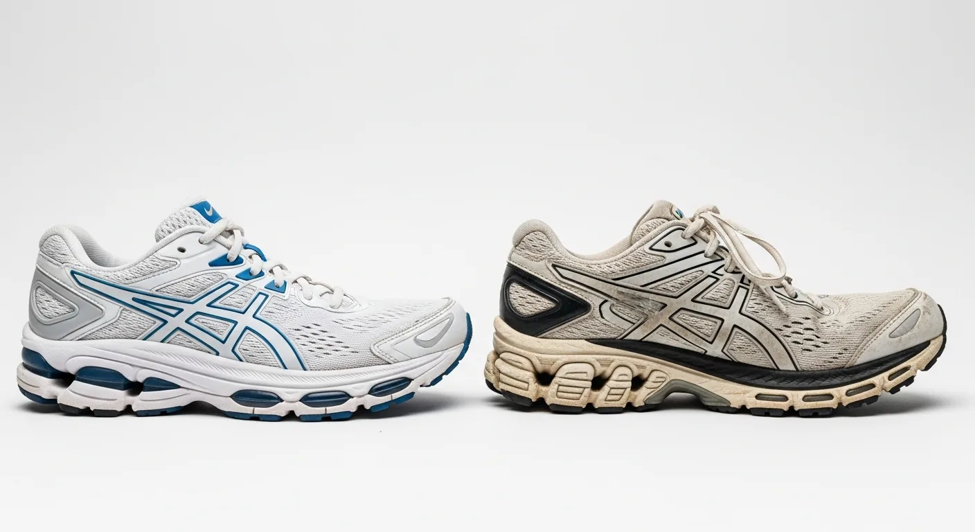 Comparaison d'une chaussure de running neuve avec semelle épaisse et d'une chaussure usée avec mousse compressée