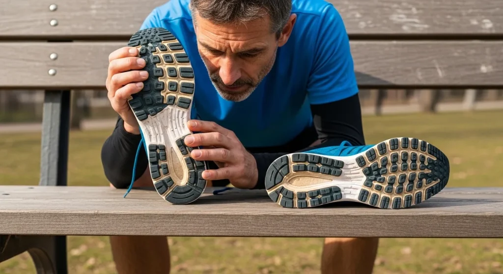 Coureur assis sur un banc de parc examinant la semelle usée d'une chaussure de running comparée à une neuve