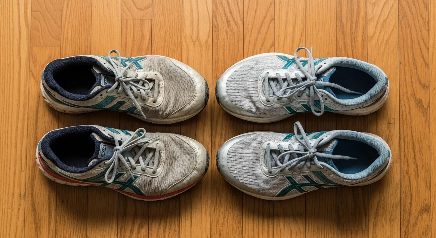 Vue de dessus de deux paires de chaussures de running côte à côte sur un parquet en bois