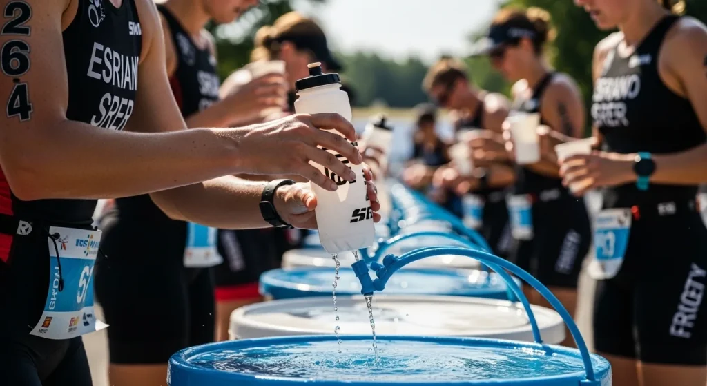 Triathlète femme remplissant son bidon à un ravitaillement d'une course triathlon en journée ensoleillée